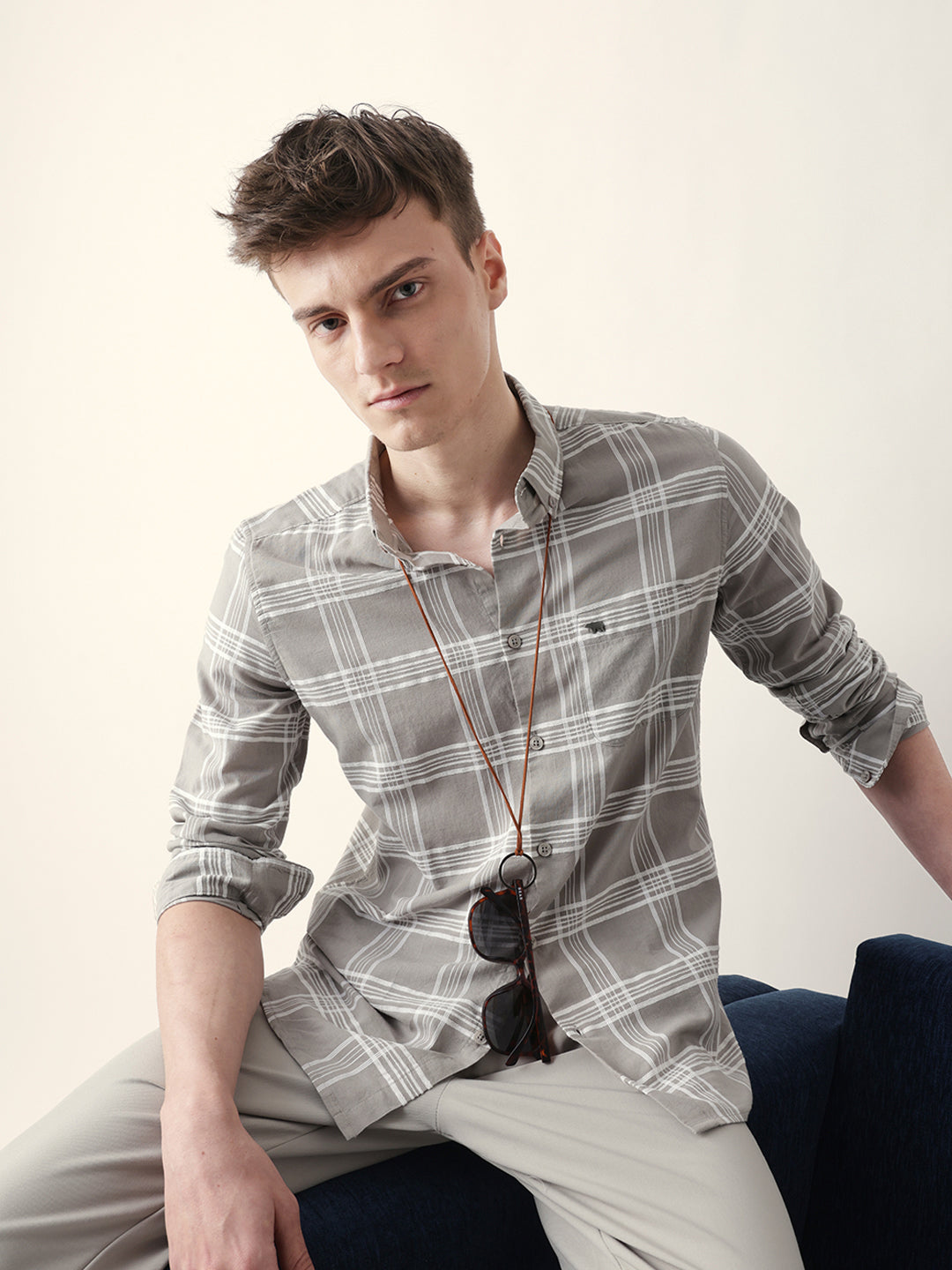 grey with white woven checked slim fit casual shirt grey with white woven checked slim fit casual shirt