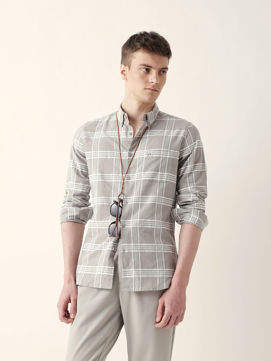 grey with white woven checked slim fit casual shirt grey with white woven checked slim fit casual shirt
