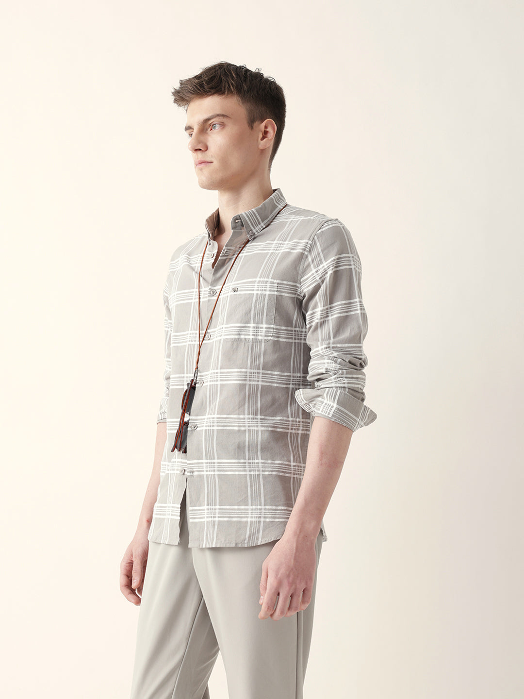 grey with white woven checked slim fit casual shirt grey with white woven checked slim fit casual shirt