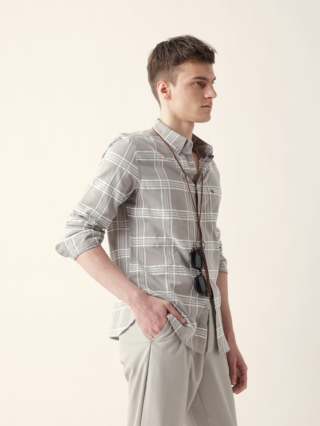 grey with white woven checked slim fit casual shirt grey with white woven checked slim fit casual shirt