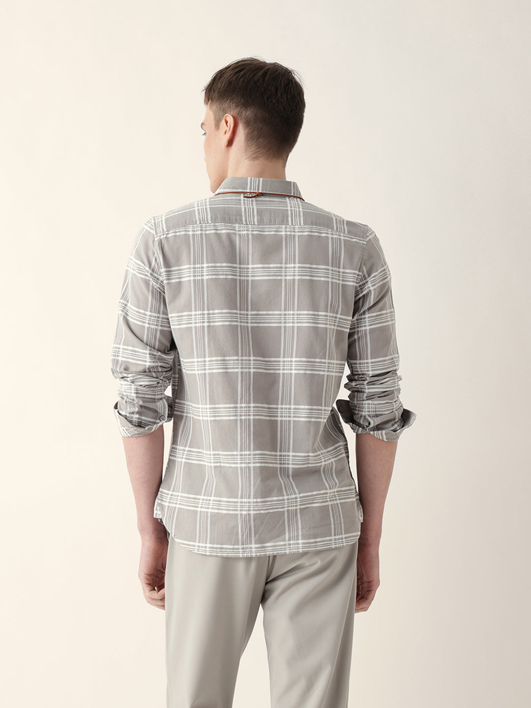grey with white woven checked slim fit casual shirt grey with white woven checked slim fit casual shirt
