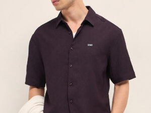 burgundy all over textured leaf motif oversized casual shirt with half sleeves