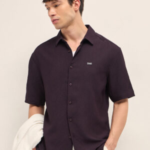 burgundy all over textured leaf motif oversized casual shirt with half sleeves