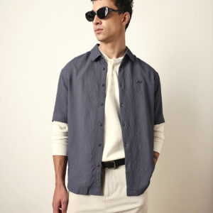 grey all over textured leaf motif oversized shirt with half sleeves