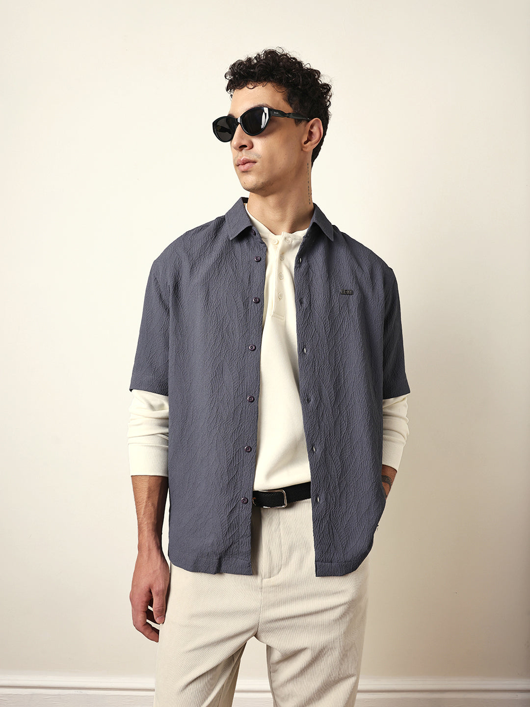 grey all over textured leaf motif oversized shirt with half sleeves grey all over textured leaf motif oversized shirt with half sleeves