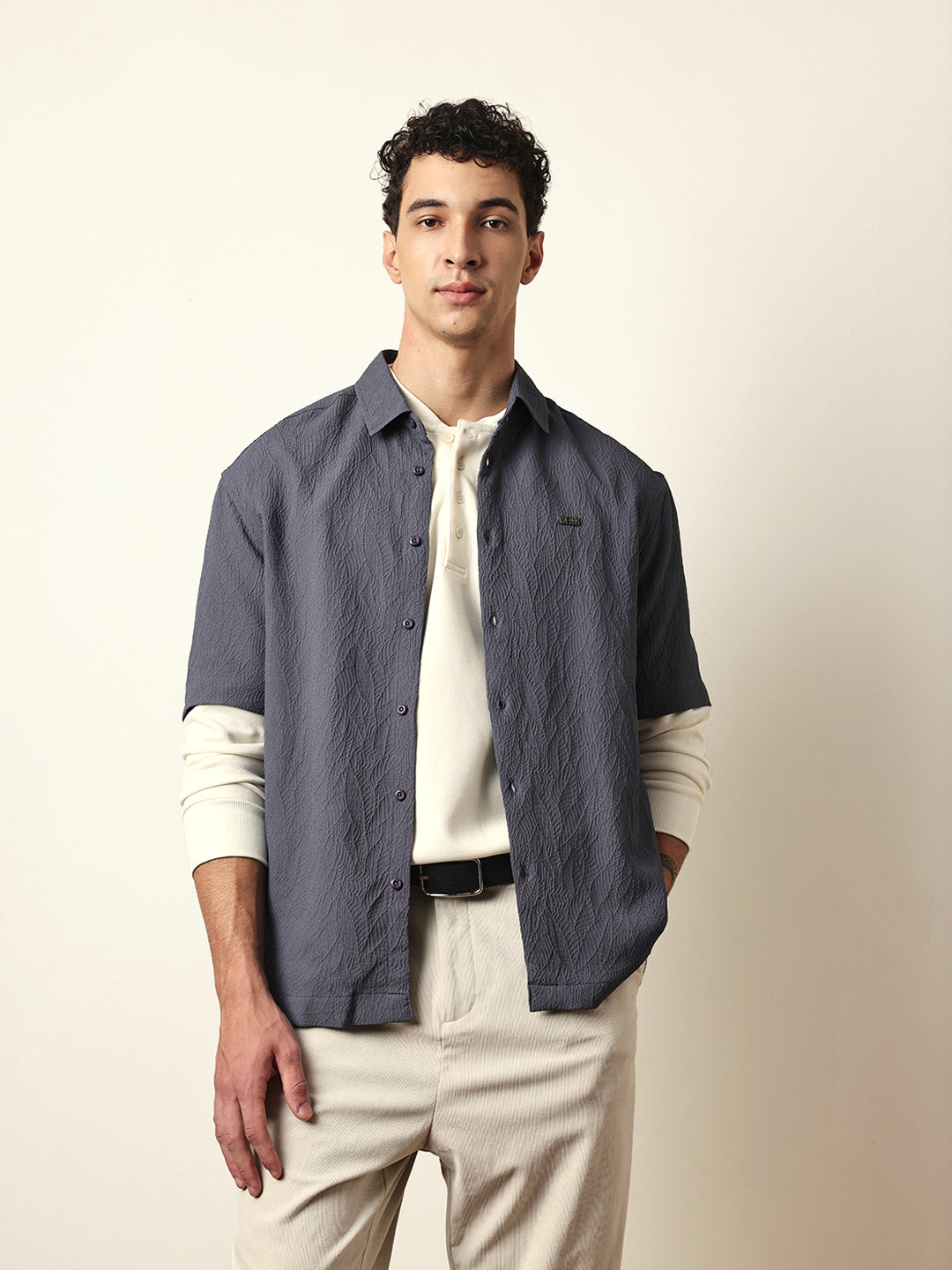 grey all over textured leaf motif oversized shirt with half sleeves grey all over textured leaf motif oversized shirt with half sleeves