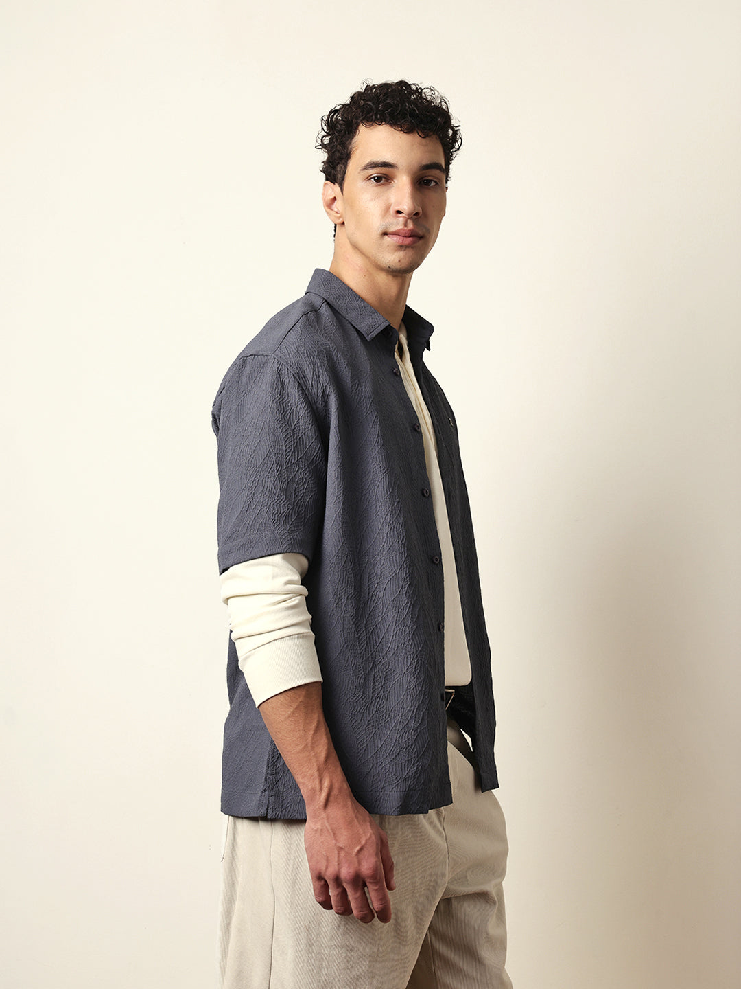 grey all over textured leaf motif oversized shirt with half sleeves grey all over textured leaf motif oversized shirt with half sleeves