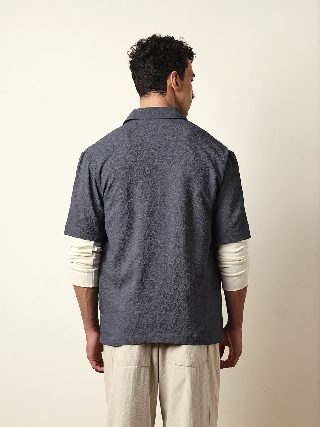 grey all over textured leaf motif oversized shirt with half sleeves grey all over textured leaf motif oversized shirt with half sleeves