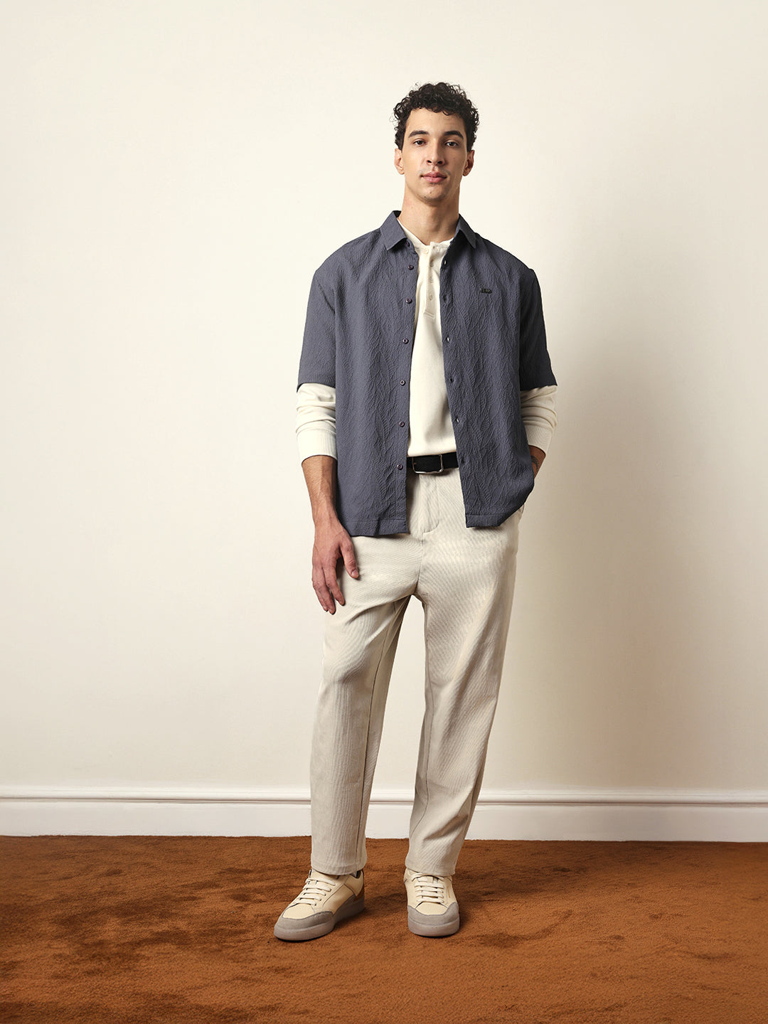 grey all over textured leaf motif oversized shirt with half sleeves grey all over textured leaf motif oversized shirt with half sleeves