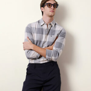 grey & cream slim fit block herringbone checks casual shirt