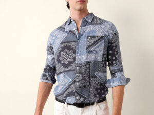 blue paisley patchwork printed slim fit casual shirt