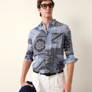 blue paisley patchwork printed slim fit casual shirt