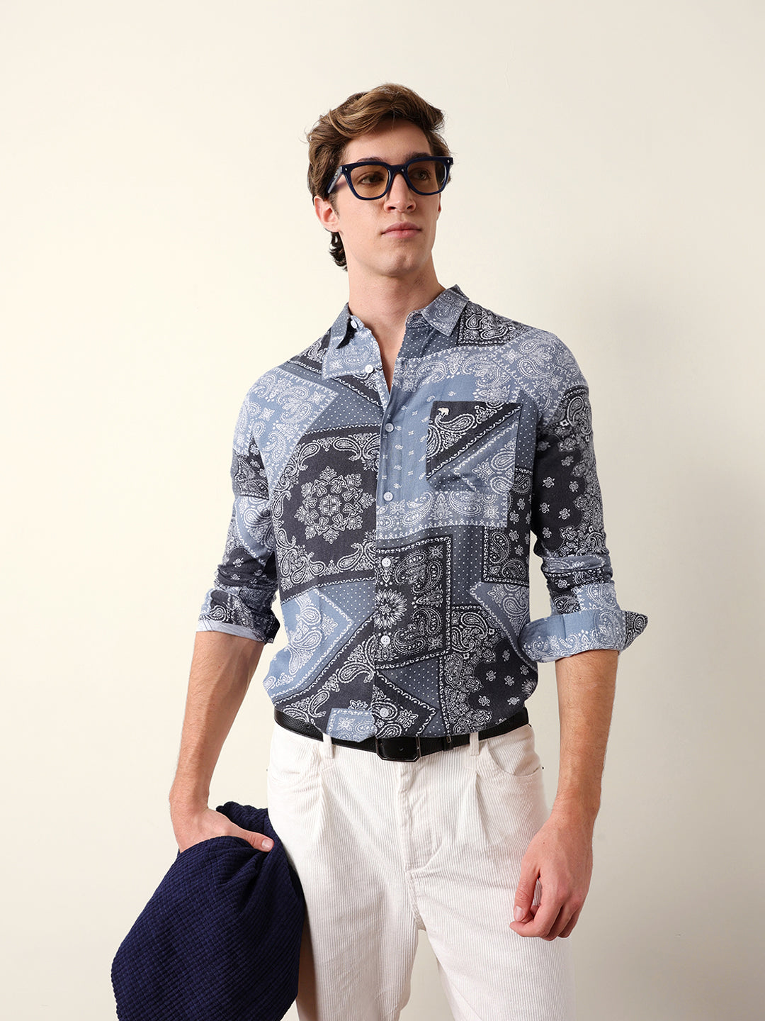 blue paisley patchwork printed slim fit casual shirt blue paisley patchwork printed slim fit casual shirt