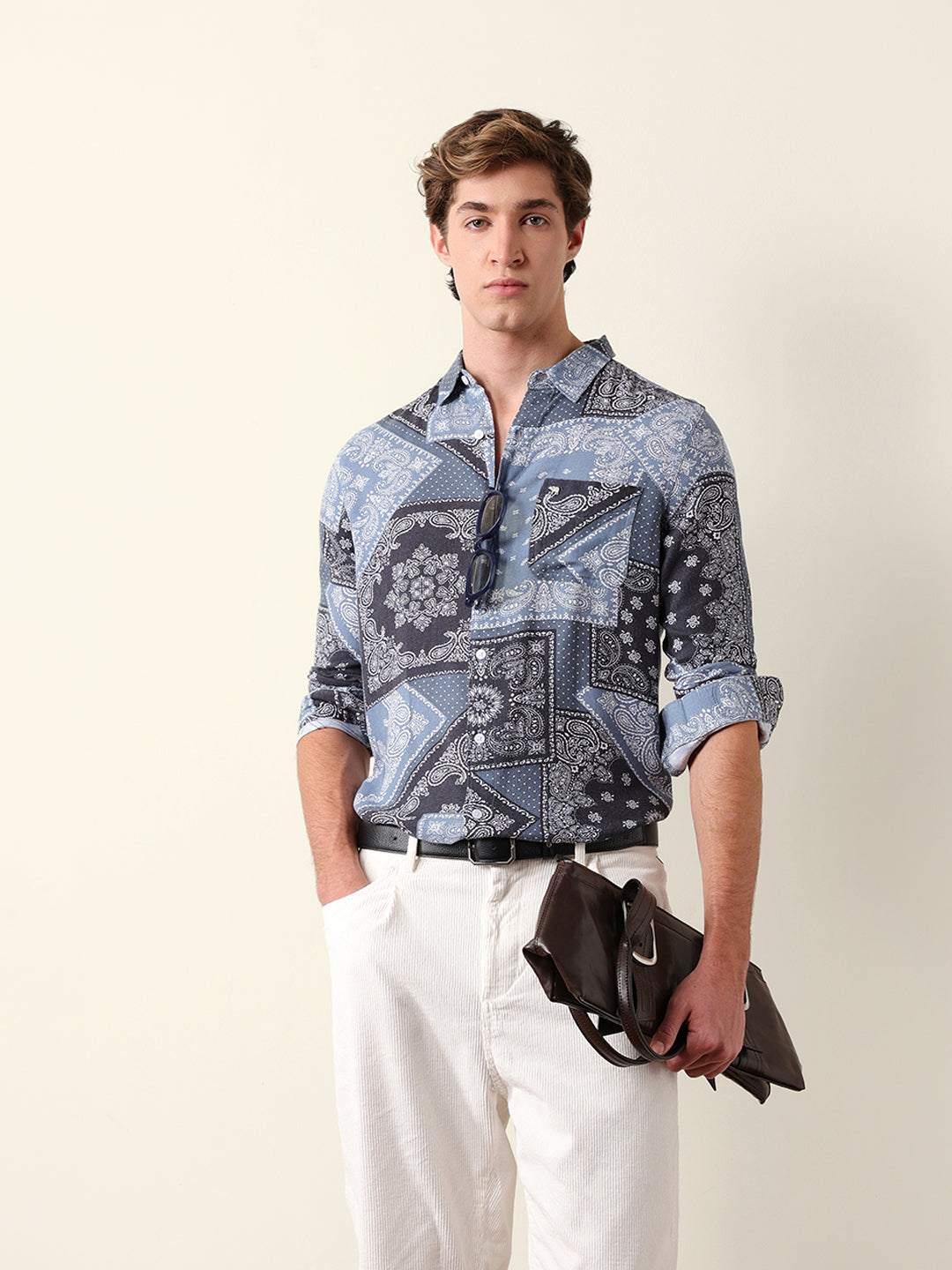 blue paisley patchwork printed slim fit casual shirt blue paisley patchwork printed slim fit casual shirt