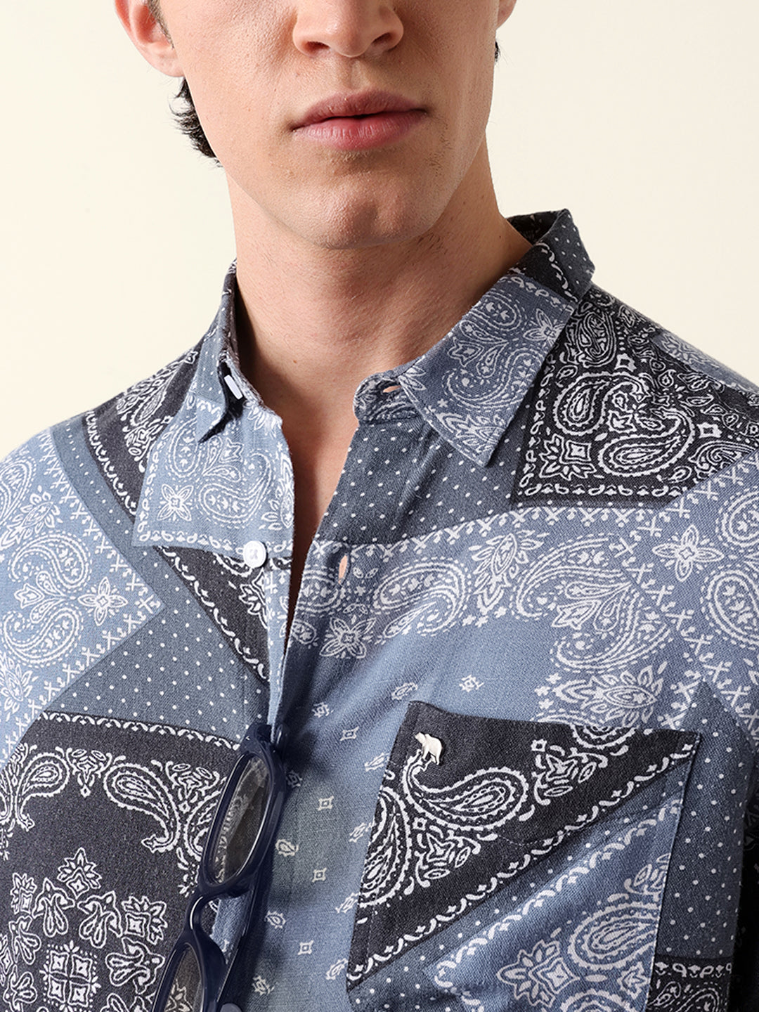 blue paisley patchwork printed slim fit casual shirt blue paisley patchwork printed slim fit casual shirt