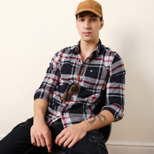 navy blue herringbone flannel checked regular fit casual shirt