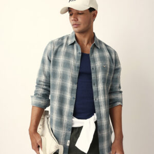 teal woven checkered slim fit casual shirt
