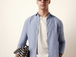 blue vertical woven stripe slim fit casual shirt