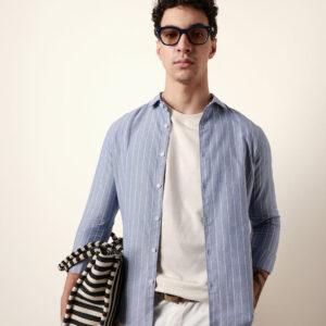 blue vertical woven stripe slim fit casual shirt