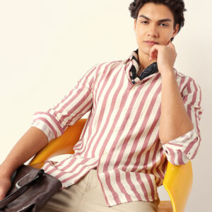 pink & cream vertical stripe regular fit casual shirt