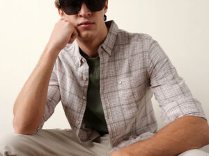 beige woven micro checked slim fit casual shirt