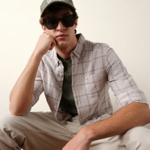beige woven micro checked slim fit casual shirt
