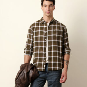 olive regular fit woven check flannel casual shirt
