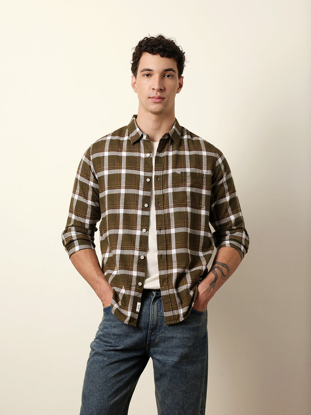 olive regular fit woven check flannel casual shirt olive regular fit woven check flannel casual shirt