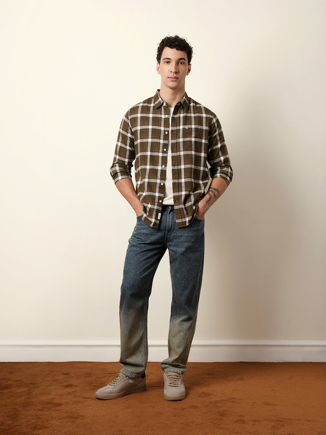 olive regular fit woven check flannel casual shirt olive regular fit woven check flannel casual shirt