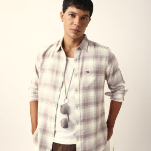 pink with cream woven checkered slim fit casual shirt