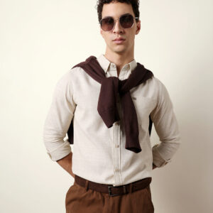 light cream slub textured woven slim fit casual shirt