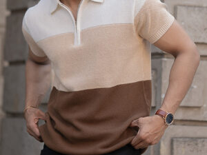 earthy stripe zipper polo t shirt